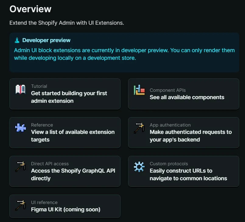 Shopify's Admin Extension Docs Page